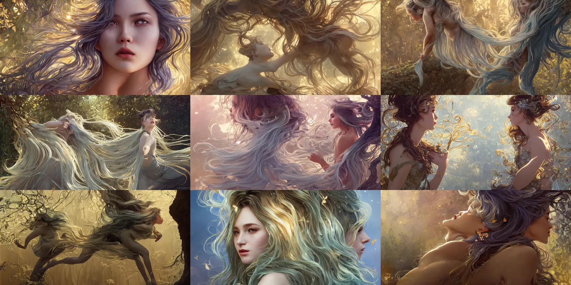 Image similar to wide angle panther, metallic silver and ice color reflected crystal hair, leaping from babaob tree, fantasy, intricate, very beautiful, elegant, golden light, highly detailed, digital painting, artstation, concept art, smooth, sharp focus, illustration, art by wlop and tian zi and alphonse mucha