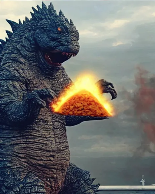 Image similar to godzilla eating a taco, ultra realistic, cinematic