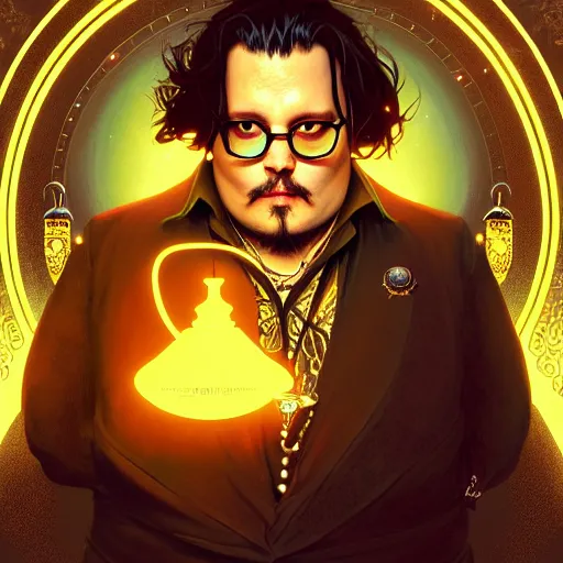 Image similar to fat overweight johnny depp, sci fi, glowing eyes, volumetric lights, gold theme, art nouveau botanicals, intricate, highly detailed, digital painting, artstation, concept art, smooth, sharp focus, cinematic, illustration, beautiful face, art by artgerm and greg rutkowski and alphonse mucha