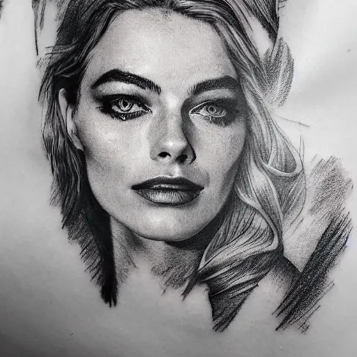 Image similar to double exposure tattoo design sketch of beautiful margot's robbie's face looking like beautiful mountains, in the style of matteo pasqualin, amazing detail