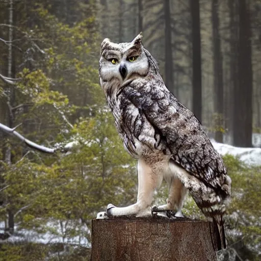 Image similar to mixture between an! owl and wolf, photograph captured in a dark forest