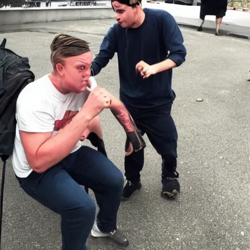 Image similar to mr beast punching a homeless man