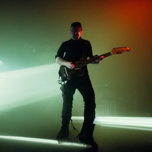 Image similar to dusty Trent Reznor smashing guitars, group of people on stage playing instruments, elaborate stage effects, dust, smoke, giant LED screens, colored projections, ultrafine detail, goth cybersuit, glowing thin wires, smoke, high contrast, projections, a screenshot by David Gilmour Blythe, holography, tesseract, volumetric lighting, anamorphic lens flare