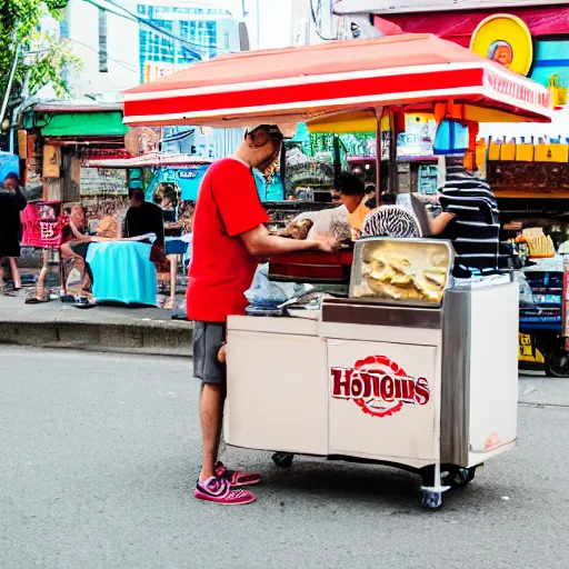 Prompt: weird man selling hotdogs, 🌭, canon eos r 3, f / 1. 4, iso 2 0 0, 1 / 1 6 0 s, 8 k, raw, unedited, symmetrical balance, wide angle