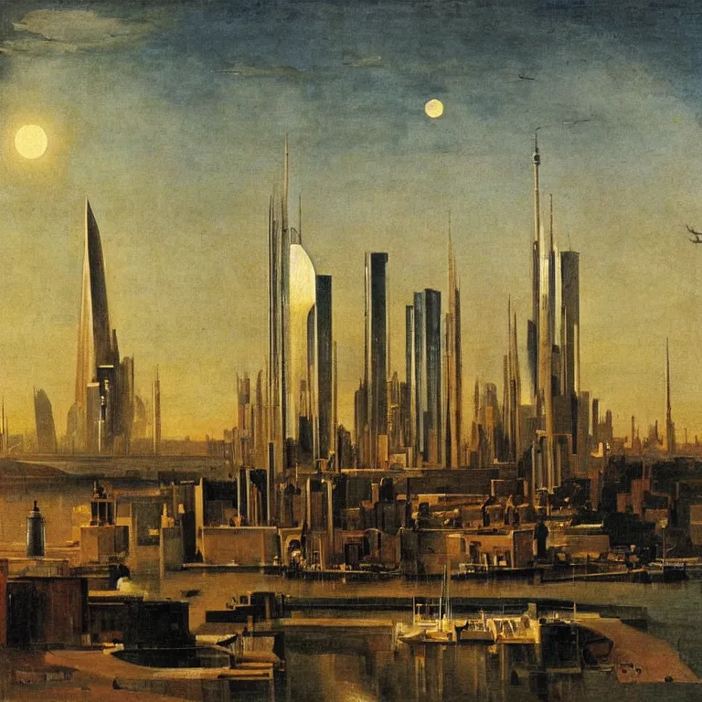 Prompt: a science fiction city harbour, painted by bierstadt and giorgio de chirico, tall buildings from the viewpoint of a bystander