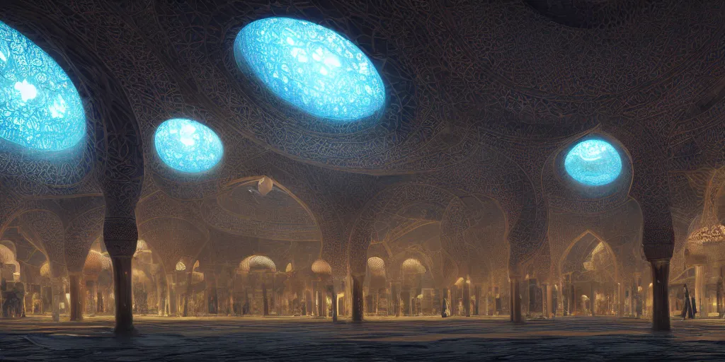 Image similar to Photorealistic mosque in dark giant glowing mushroom underworld, with great domes and arches, people and androids wearing traditional japanese clothing. photorealism, UHD, amazing depth, golden ratio, 3D octane cycle unreal engine 5, volumetric lighting, cinematic lighting, artstation,cgstation, concept art