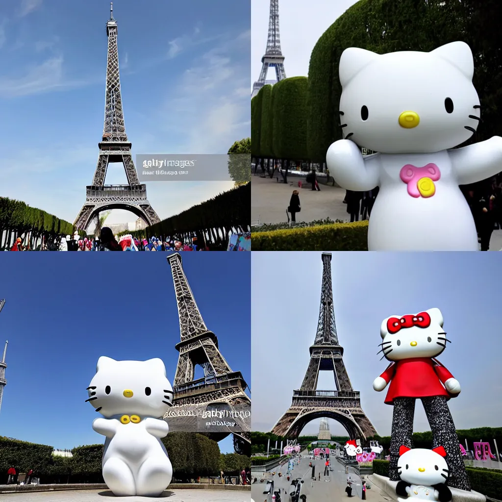 Prompt: news photo about a white marble humongous hello kitty statue stands next to eiffel tower, getty images, cnn, afp