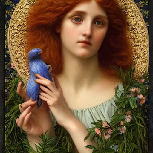 Prompt: Beautiful Pre-Raphaelite goddess of nature holding a little bird, in the style of John William Godward and Anna Dittman, close-up portrait, head in focus, flowers and plants, etheric, moody, intricate, mystical,