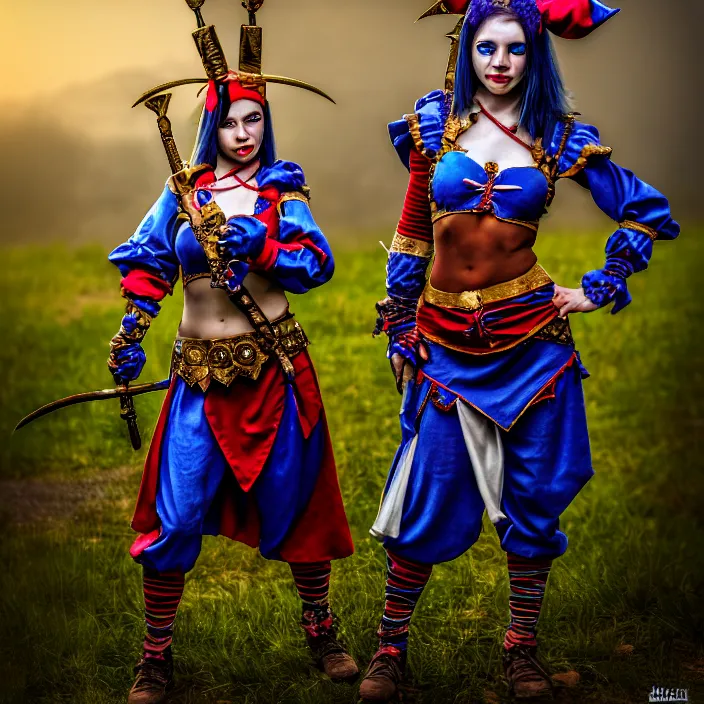 Image similar to full body photo of a real - life beautiful female jester warrior, 8 k, hdr, smooth, sharp focus, high resolution, award - winning photo