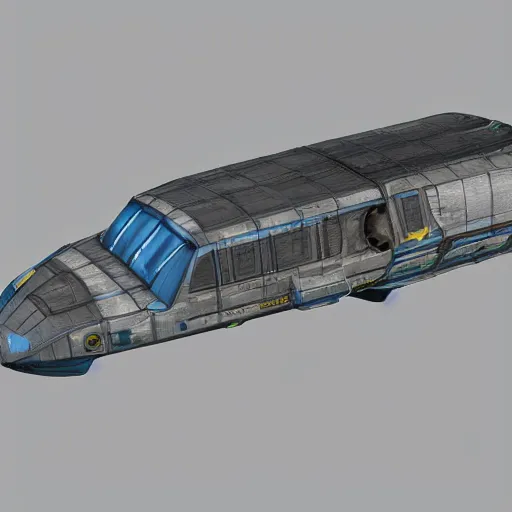 Prompt: concept design art of a spaceship made from a recycled bus, highly detailed render, photorealistic, it is flying through space