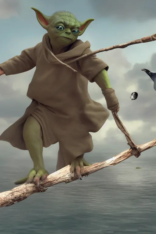 Prompt: Yoda smacking a seagull with a stick, hyperdetailed, artstation, cgsociety, 8k