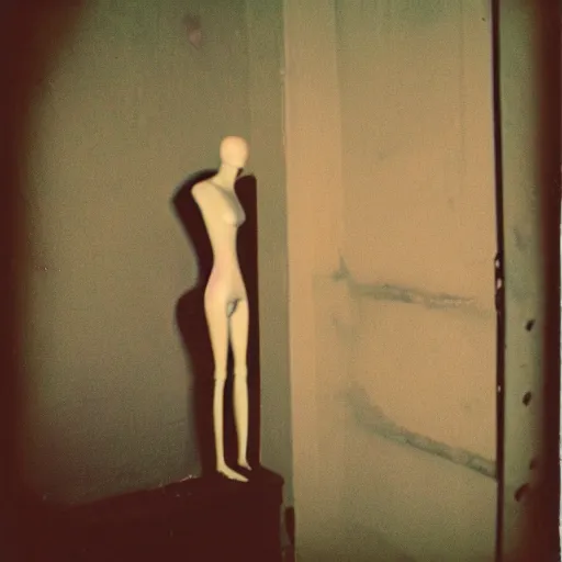 Image similar to a mannequin at the top of a dark stairwell, abandoned, creepy, eerie, scary, old polaroid, expired film, out or focus,