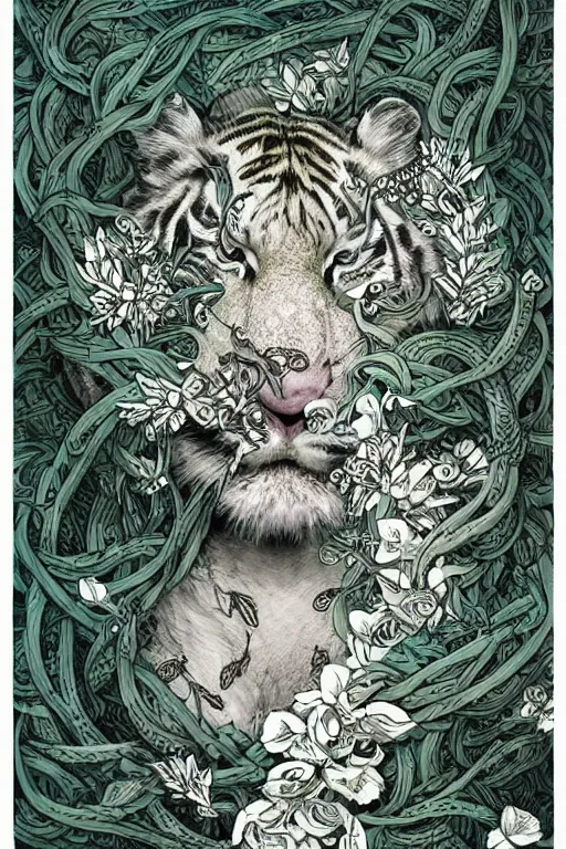 Image similar to ultra realistic full - body white tiger wrapped in vines and white flowers + black paper + elements + white + gold + cyan + baroque + rococo + ink, marc simonetti, paul pope, peter mohrbacher, detailed, intricate ink illustration