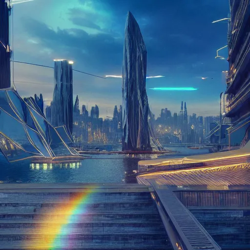 Prompt: a golden fantasy sci fi luxurious city with cerulean oceansides and a rainbow hard light bridge, scandinavian / norse influenced, cinematic, ray traced, octane render, cinematic lighting, ultrarealistic, featured on artstation, 8 k uhd artwork