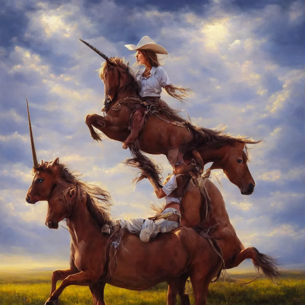 Image similar to Mark Magiori oil painting of a cowgirl on a unicorn, supercell cloud, extremely beautiful, amazing painting, HD, 8K, very detailed, photorealistic, hyperrealism