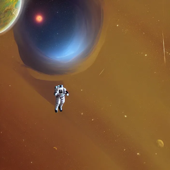 Prompt: a astronaut running at the edge of space, toward a planet, calm, reaching the abyss, digital art