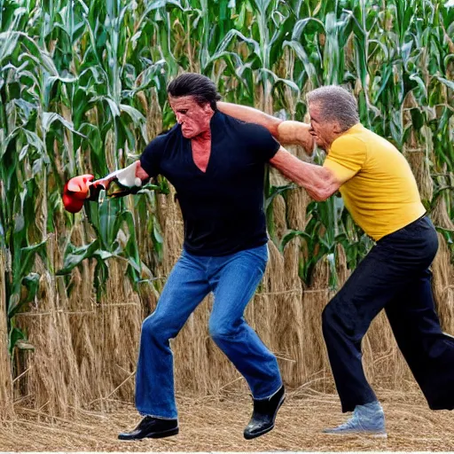 Image similar to Sylvester Stallone punching joe biden in a corn maze