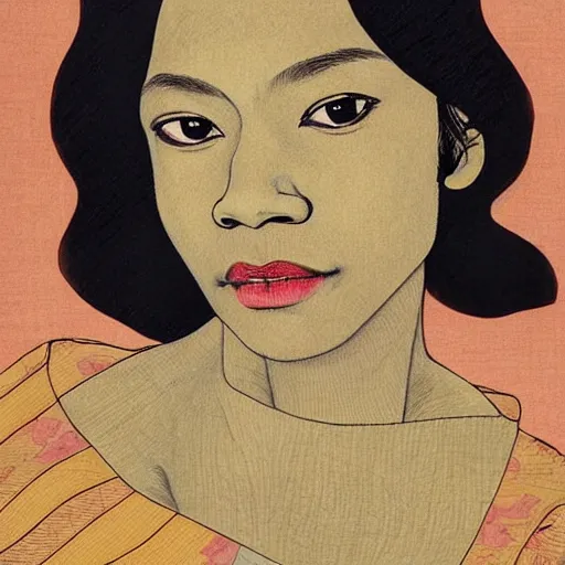 Image similar to “ zoe saldana portrait by ikenaga yasunari and ayana otake and ko rakusui, 6 0 s poster, drawing, realistic, sharp focus, japanese, dreamy, nostalgia, faded, golden hues, floral clothes ”