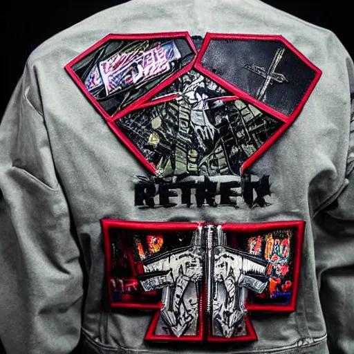 Image similar to cyberpunk, battle jacket, patches, studs