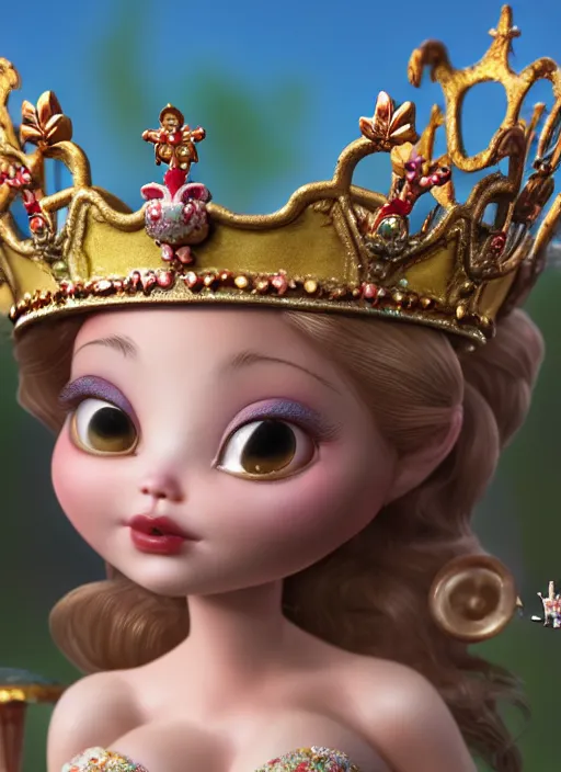 Image similar to highly detailed closeup, profile portrait of a tin toy fairytale princess wearing a crown, bikini, unreal engine, nicoletta ceccoli, mark ryden, earl norem, lostfish, global illumination, detailed and intricate environment