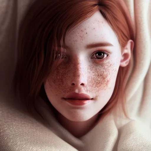 Image similar to portrait of a cute thin young woman, red blush, cute freckles wearing casual clothes, small smile, relaxing on a couch, cozy under a blanket, cozy living room, close up shot, 8 k, octane render, trending on artstation, art by artgerm and irakli nadar,, hyperrealism, hyperdetailed, ultra realistic