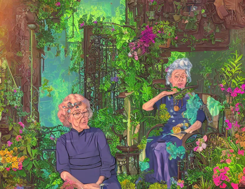 Prompt: granny in steampunk vaporwave courtyard garden. complementary colors, gouache, indie concept art, bloom, chiaroscuro, backlighting, intricate details.