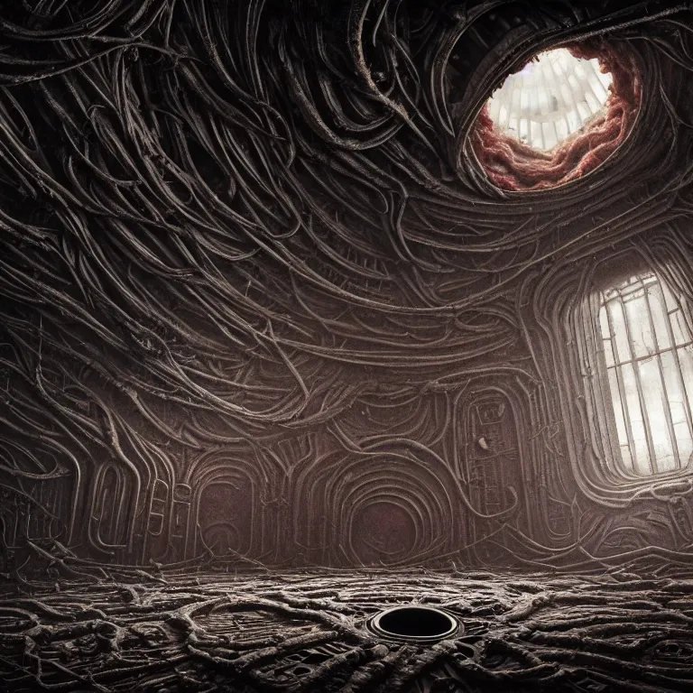 Image similar to ribbed surreal abandoned alien spaceship interior halls on exoplanet, covered in organic flesh meat, in a desolate empty wasteland, creepy, nightmare, dream-like heavy atmosphere, surreal abandoned buildings, beautiful detailed intricate insanely detailed octane render trending on Artstation, 8K artistic photography, photorealistic, chiaroscuro, Raphael, Caravaggio, Beksinski, Giger