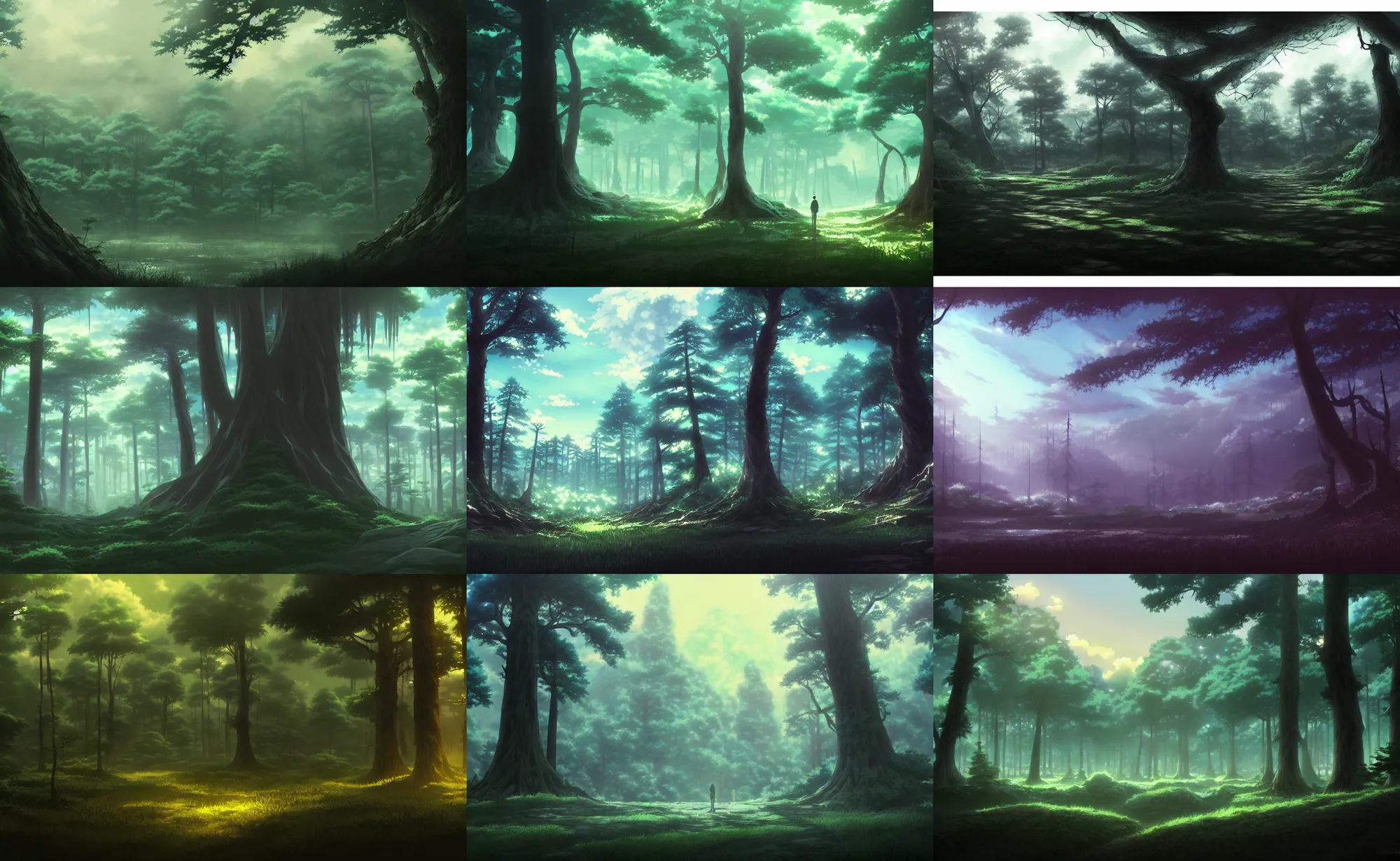 Prompt: an anime movie background matte painting of a scary forest, fantasy, by makoto shinkai, trending on artstation, highly detailed