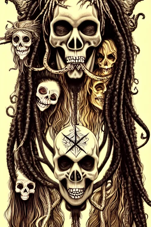 Image similar to evil angels that look like hippies with dreadlocks dancing with snakes, fantasy, face with skull mask, long hair, intricate, elegant, highly detailed, digital painting, artstation, concept art, smooth, sharp focus, illustration, art by aleister crowley and jung