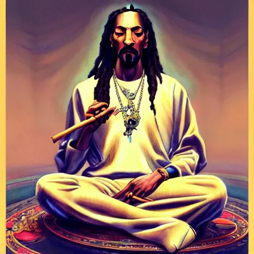 Image similar to intense portrait of the snoop dog meditating in lotus position while smoking a joint, intricate, elegant, highly detailed, my rendition, digital painting, artstation, concept art, smooth, sharp focus, radiant light, illustration, art by artgerm and greg rutkowski and alphonse mucha