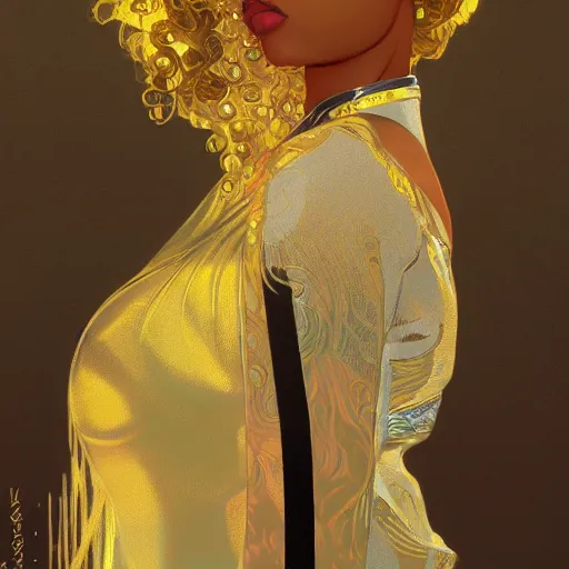 Prompt: modern black woman | hyperrealistic | digital painting | trending on artstation | pinup portrait | clean | illustration | dressed | Unreal Engine 5 | 8k resolution | by Greg Rutkowski Alphonse Mucha Gustav Klimt and Mel Ramos