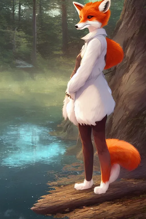Prompt: an anthropomorphic fox girl wearing a japanese school outfit, fluffy tail, two pointed ears, beautiful lake background, illustration by greg rutkowski, thomas kindkade, loish, artstation, furaffinity, deviantart