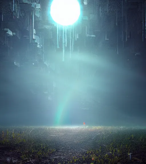 Image similar to night flashlight photography of the symmetric daydreaming of the big sun glare, fluid big cotton sheets floating in the center of the air, cyberpunk forest, majestic light, octane render, beauty fog, ethereal glare of the sun, raining rainbow, volumetric lighting, hyperealistic, epic, masterpiece