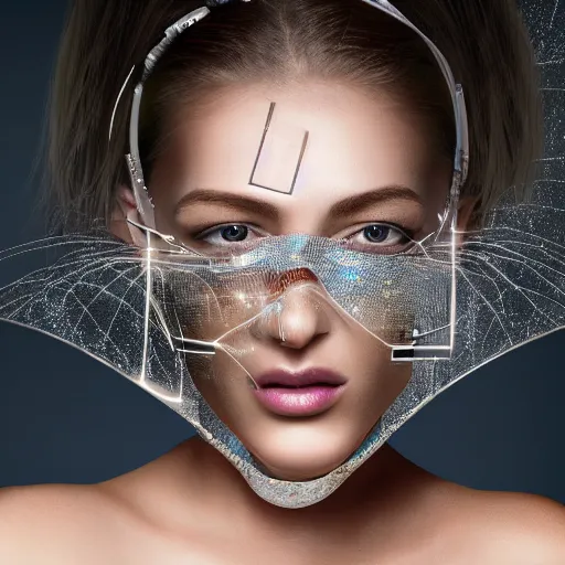 Image similar to portrait of a beautiful futuristic woman layered with high-tech jewelry wrapping around her face and head, 2067