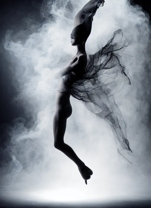 Image similar to a Photorealistic dramatic hyperrealistic render of a glamorous beautiful Female smoke dancer with perfect human form by Ken Brower and Deborah Ory of NYC Dance project,Lois Greenfield,Flowing cloth and smoke,Beautiful dynamic dramatic dark moody lighting,volumetric,shadows,cinematic atmosphere,Octane render,8K