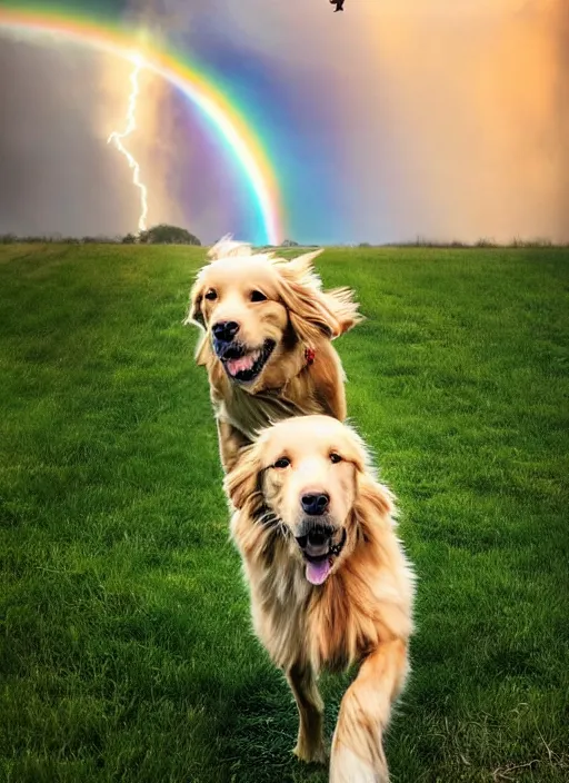 Image similar to a singular beautiful smiling dog running happily towards its owner, ethereal heavenly rainbow bridge in the background behind the dog, hyperreal, hyperdetailed, golden retriever, tall golden heavenly gates, amazing, stunning artwork, featured on artstation, cgosciety, behance