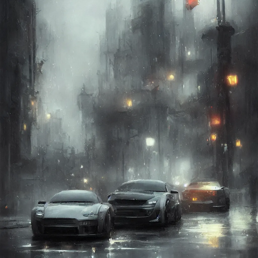 Prompt: greg rutkowski art, insanley detailed, extremly detailed, masterpice, a car driving slowy on a street with moody weather