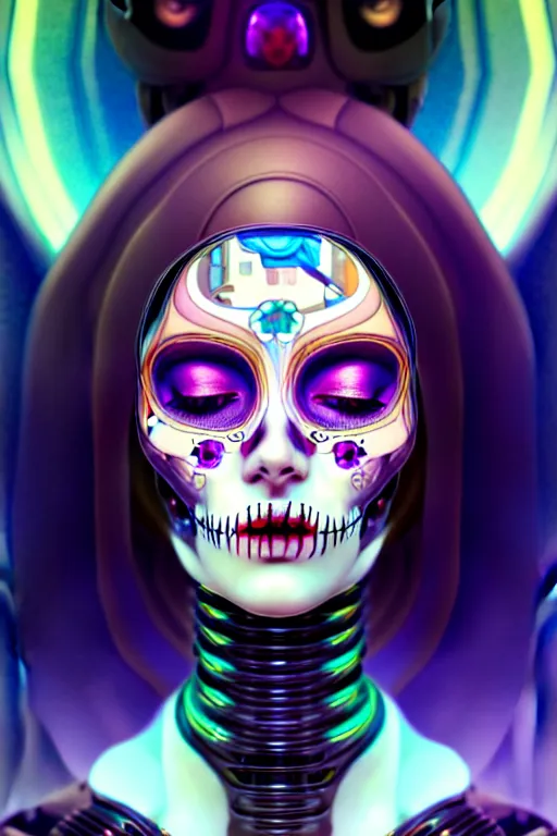 Prompt: ultra detailed, portrait of a female android, eyes closed, sci - fi, triadic color scheme, moody, calm, ( dia de los muertos ), asymmetrical, intricate concept art, art by artgerm and godmachine and michael welan andalphonse mucha and loish and wlop