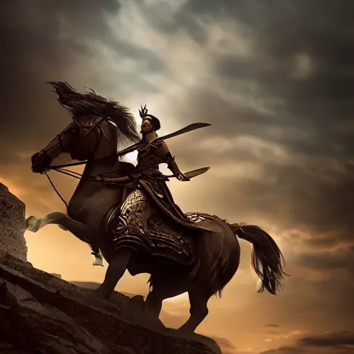 Image similar to legendary female warrior on a flying mount, shallow depth of field, moody lighting, 8 k, concept art,