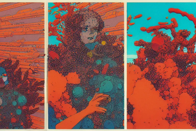 Image similar to risograph grainy drawing vintage sci - fi, satoshi kon color palette, gigantic gundam full - body covered in dead coral reef, 1 9 8 0, kodachrome, natural colors, comicbook spreadsheet, codex seraphinianus painting by moebius and satoshi kon and dirk dzimirsky close - up portrait