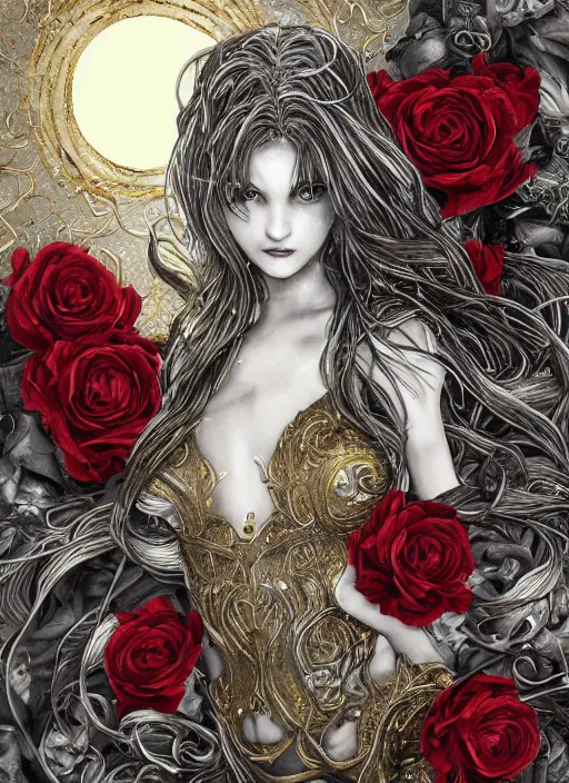 Image similar to silver and golden elements at frame borders, portrait, A beautiful dark witch in front of the full big moon, book cover, red roses, red white black colors, establishing shot, extremly high detail, foto realistic, cinematic lighting, pen and ink, intricate line drawings, by Yoshitaka Amano, Ruan Jia, Kentaro Miura, Artgerm, post processed, concept art, artstation, matte painting, style by eddie, raphael lacoste, alex ross