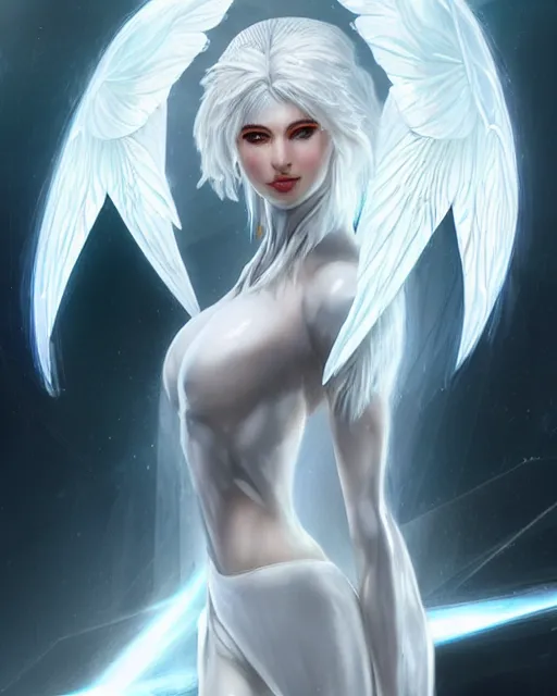 Prompt: perfect white haired attractive egyptian goddess with huge white dove wings, warframe armor, beautiful, symmetric, dreamy, half asian, pretty face, blue eyes, detailed, scifi platform, laboratory, experiment, 4 k, ultra realistic, epic lighting, android body, illuminated, cinematic, masterpiece, art by akihito tsukushi, voidstar, livia prima