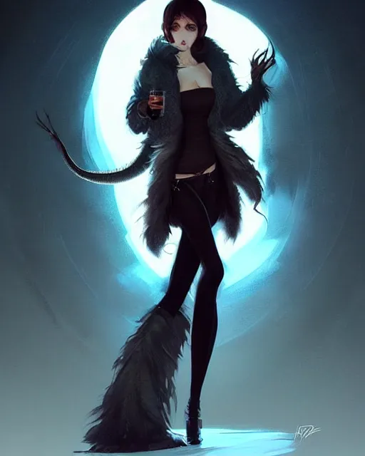 Image similar to fur - lined dragonhide jacket!!! beautiful and elegant female!! gorgeous ayes!! character concept art, sharp focus, illustration, artgerm!! greg rutkowski! wlop!! ilya kuvshinov!! marc brunet!! octane render! unreal engine 5! highly rendered!! trending on artstation!! cgi vfx!