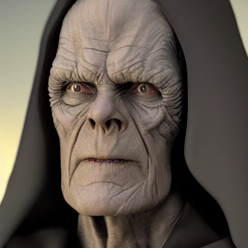 Image similar to hyperrealistic image of jim carey disguised as emperor palpatine, stunning 3 d render, inspired by istvan sandorfi & greg rutkowski & unreal engine, full body shot, perfect symmetry, dim volumetric cinematic lighting, 8 k octane comprehensive render, extremely hyper - detailed, incredibly lifelike attributes, intricate, real flesh texture, masterpiece, artstation, stunning,