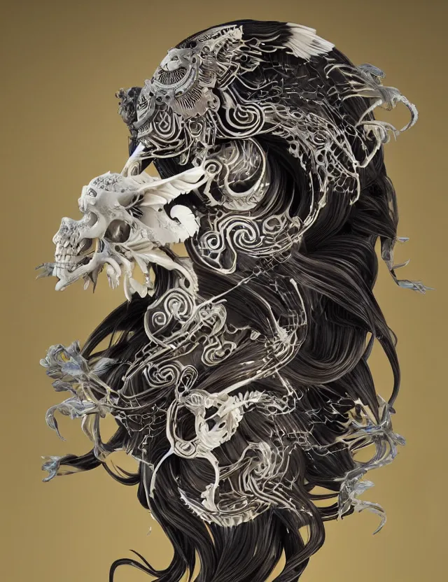 Image similar to 3 d goddess ram skull half - turn portrait with long hair with ram skull. beautiful intricately detailed japanese crow kitsune mask and clasical japanese kimono. betta fish, jellyfish phoenix, bio luminescent, plasma, ice, water, wind, creature, artwork by tooth wu and wlop and beeple and greg rutkowski