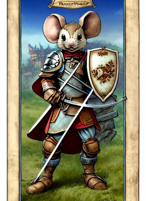 Prompt: a porcelain heroic mouse knight with sword and shield on a parchment background, redwall, greg rutowski and jean baptiste monge, detailed, epic fantasy