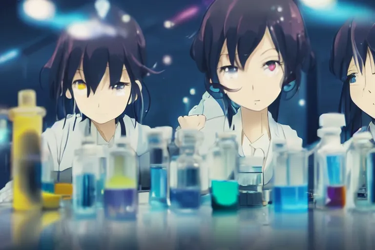 Prompt: anime girls mixing chemicals in a lab. pixiv, by makoto shinkai, fantastic, bokeh, animated, vivid colors