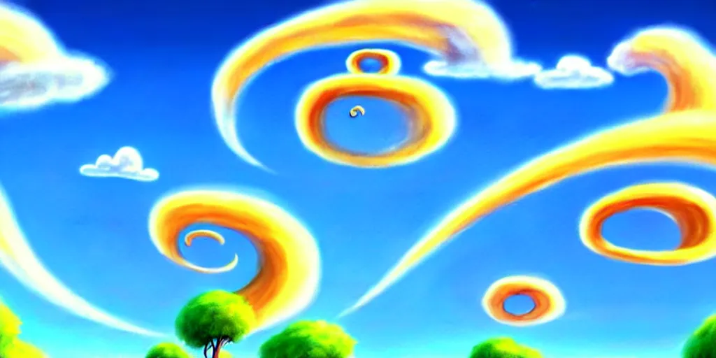 Prompt: cartoon concept art, clean blue sky, spiral clouds, from lorax movie