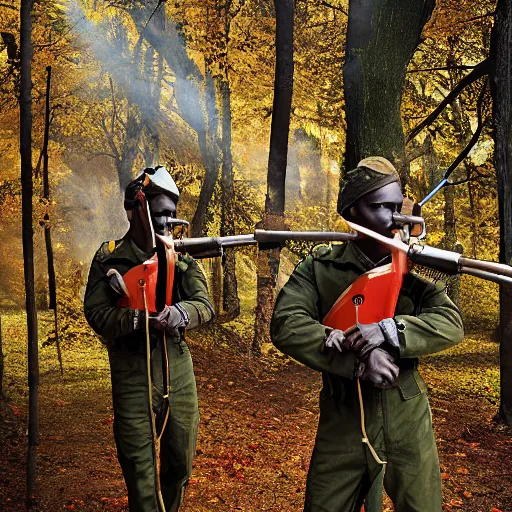 Image similar to portrait of soldiers armed with leaf blowers in a fall forest, by Steve McCurry and David Lazar, natural light, detailed face, CANON Eos C300, ƒ1.8, 35mm, 8K, medium-format print