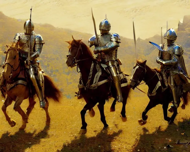 Prompt: arthur pendragon and the knights doing some mock battle for training. highly detailed painting by gaston bussiere, craig mullins, j. c. leyendecker 8 k